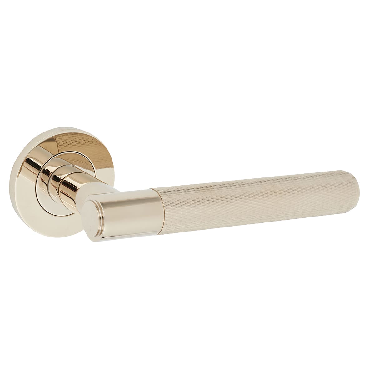 Polished Nickel Knurled Door Handles on Round Rose - Spitfire Range - view 2