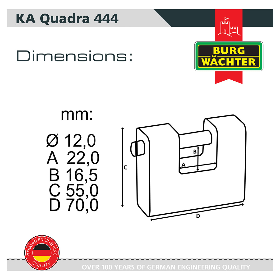 Quadra Shutter Lock - 70mm Body - 22 x 16.5mm Shackle - Keyed Alike - Pack of 3 - view 4