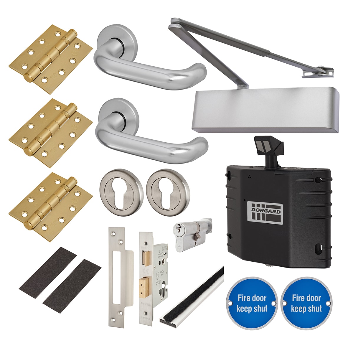 Heavy Duty Euro Lock Door Handle on Rose Fire Door Kit & Dorgard Holder - Aluminium - view 2