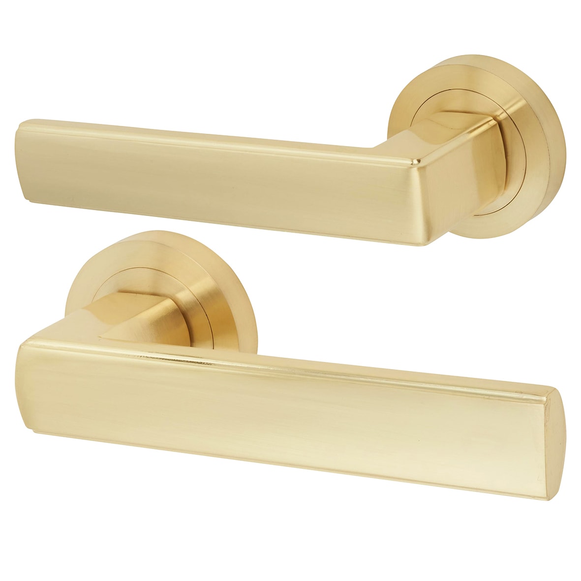 Satin Brass Latch Door Handles on Rose Pack - Zara Range - view 2