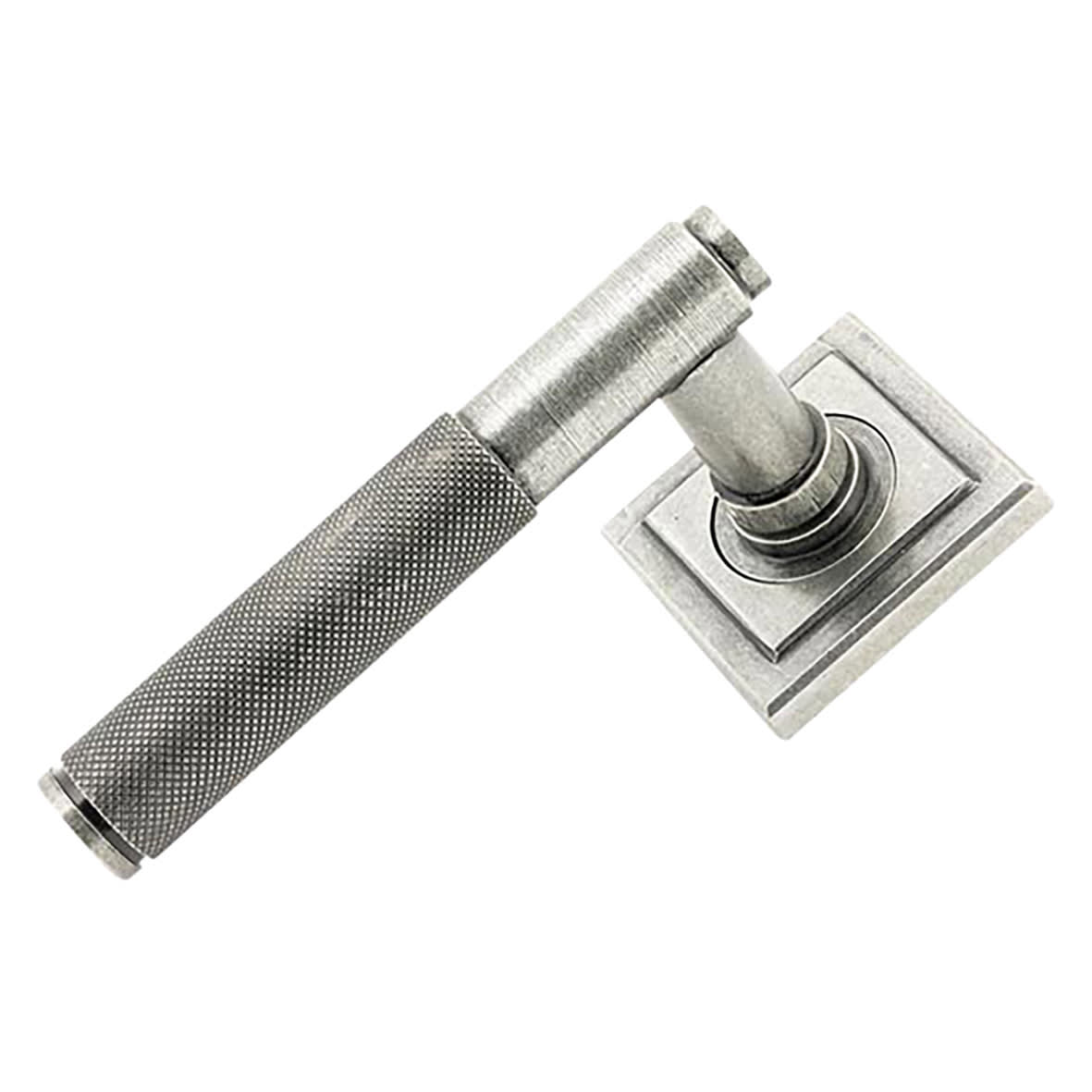 Pewter Knurled Door Handles on Square Rose - Brompton Range - view 2
