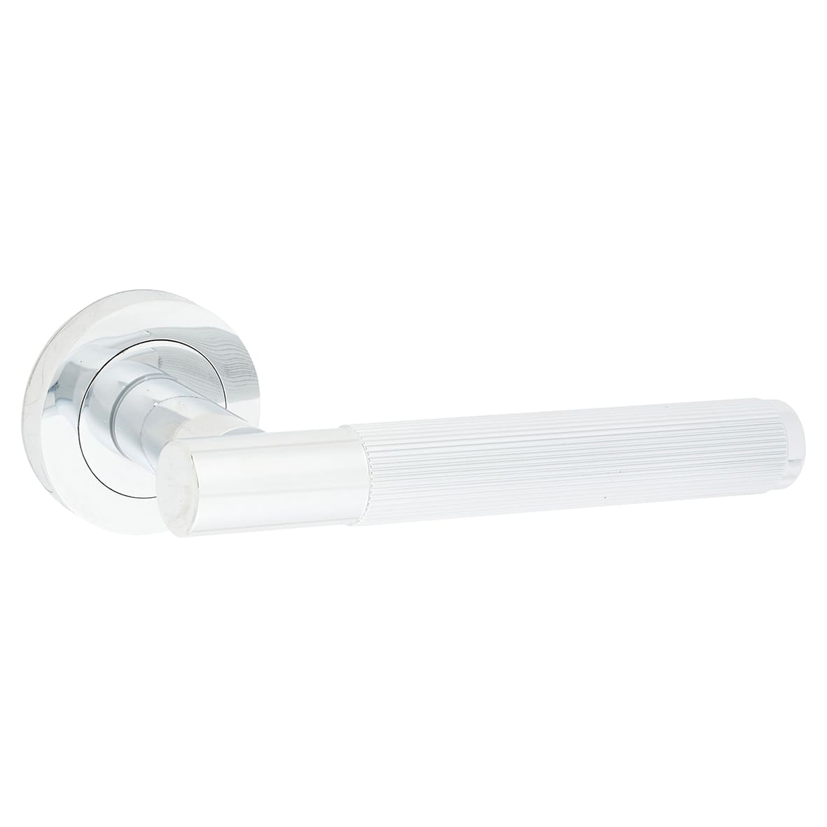 Polished Chrome Fire Rated Lines Door Handles on Rose - Venice Range - view 2