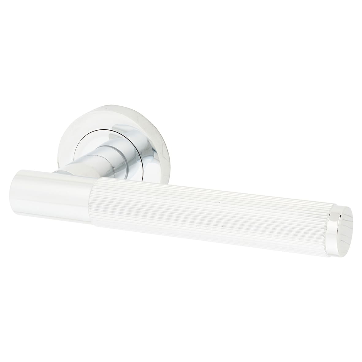 Polished Chrome Fire Rated Lines Door Handles on Rose - Venice Range - view 3