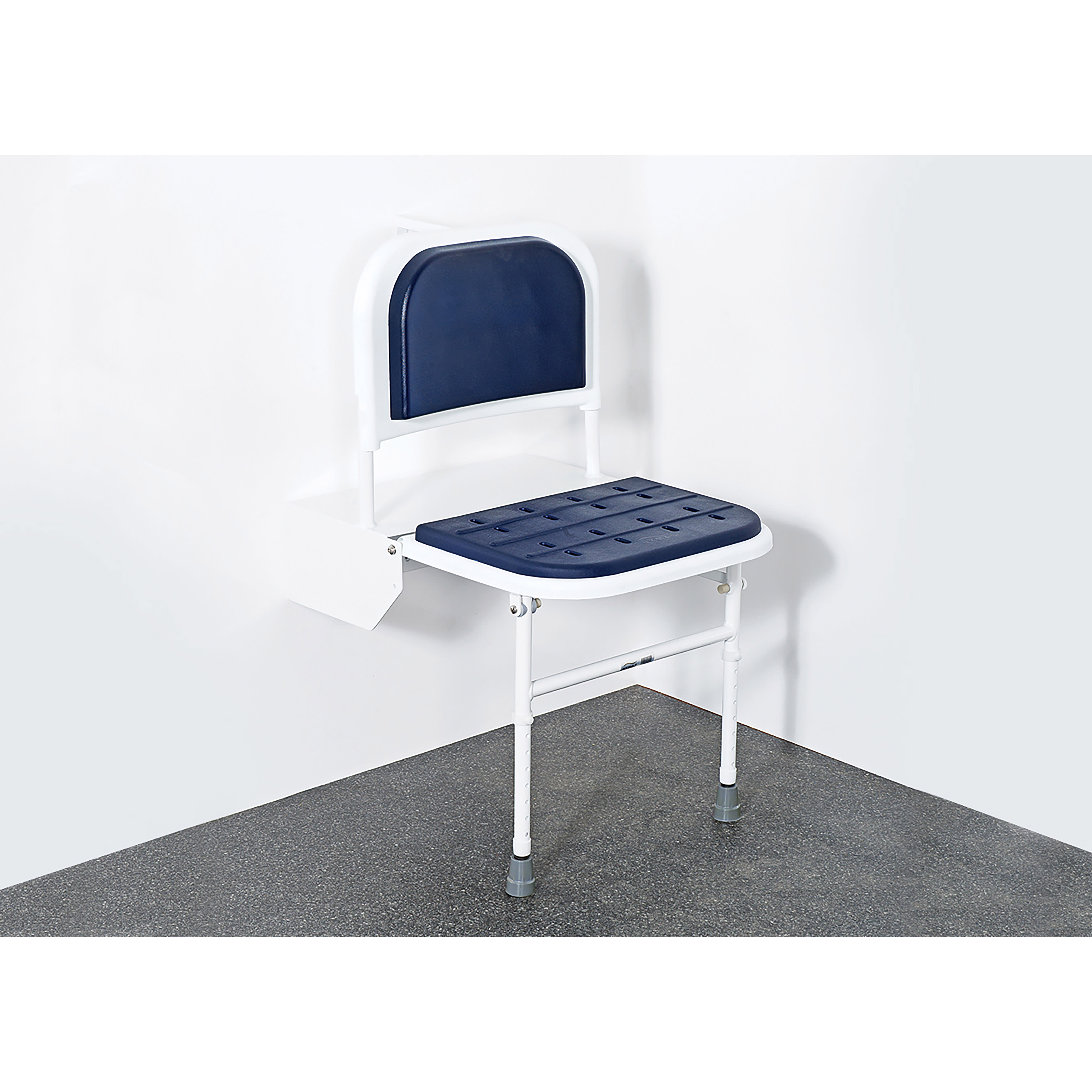 Doc M Padded Folding Wall Shower Seat, Legs & Back - 500 x 410 x 690mm - Wht/Blue - view 2