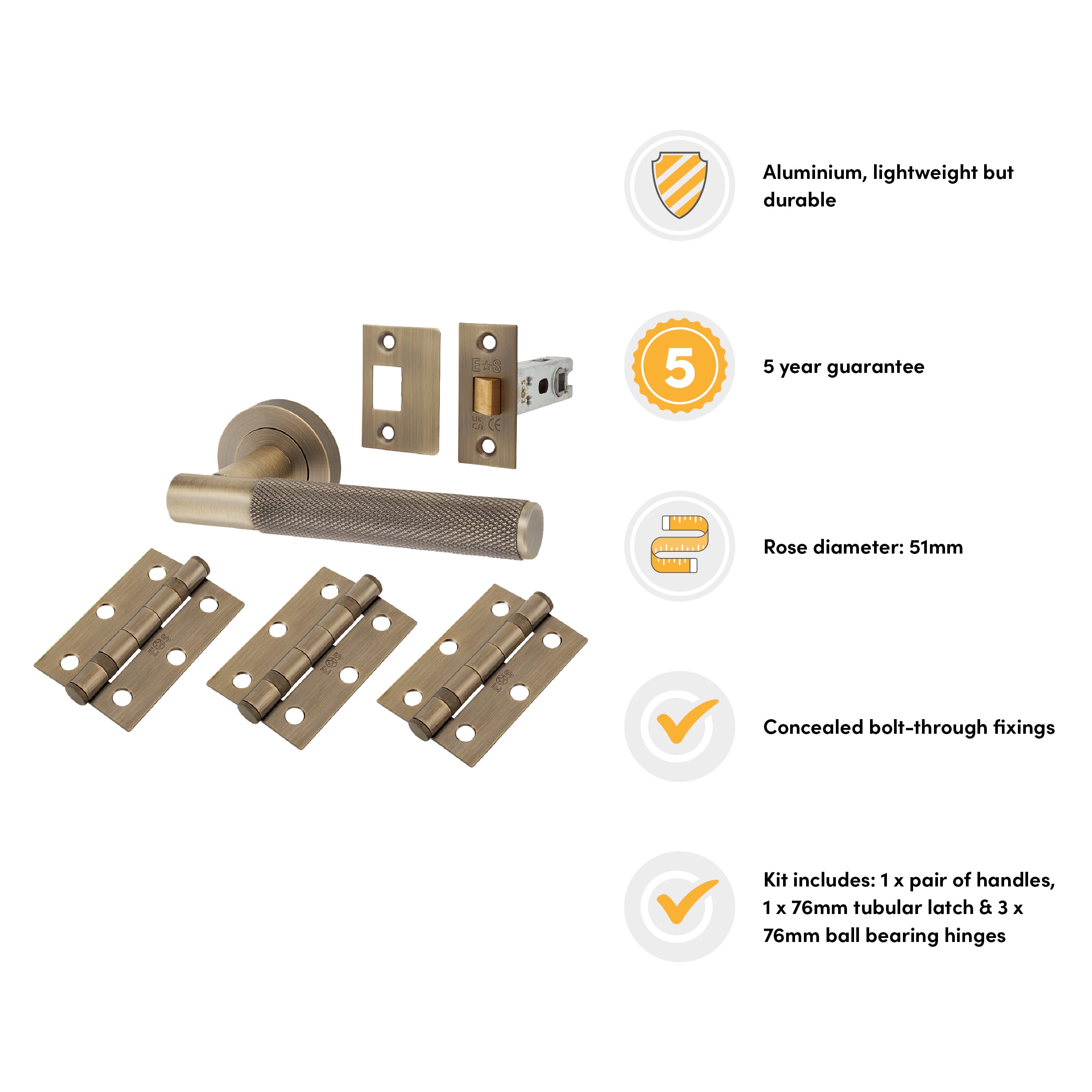 Brass Antique Brass Knurled Latch Door Handles on Rose Ultimate Pack - Lagos Range - view 2
