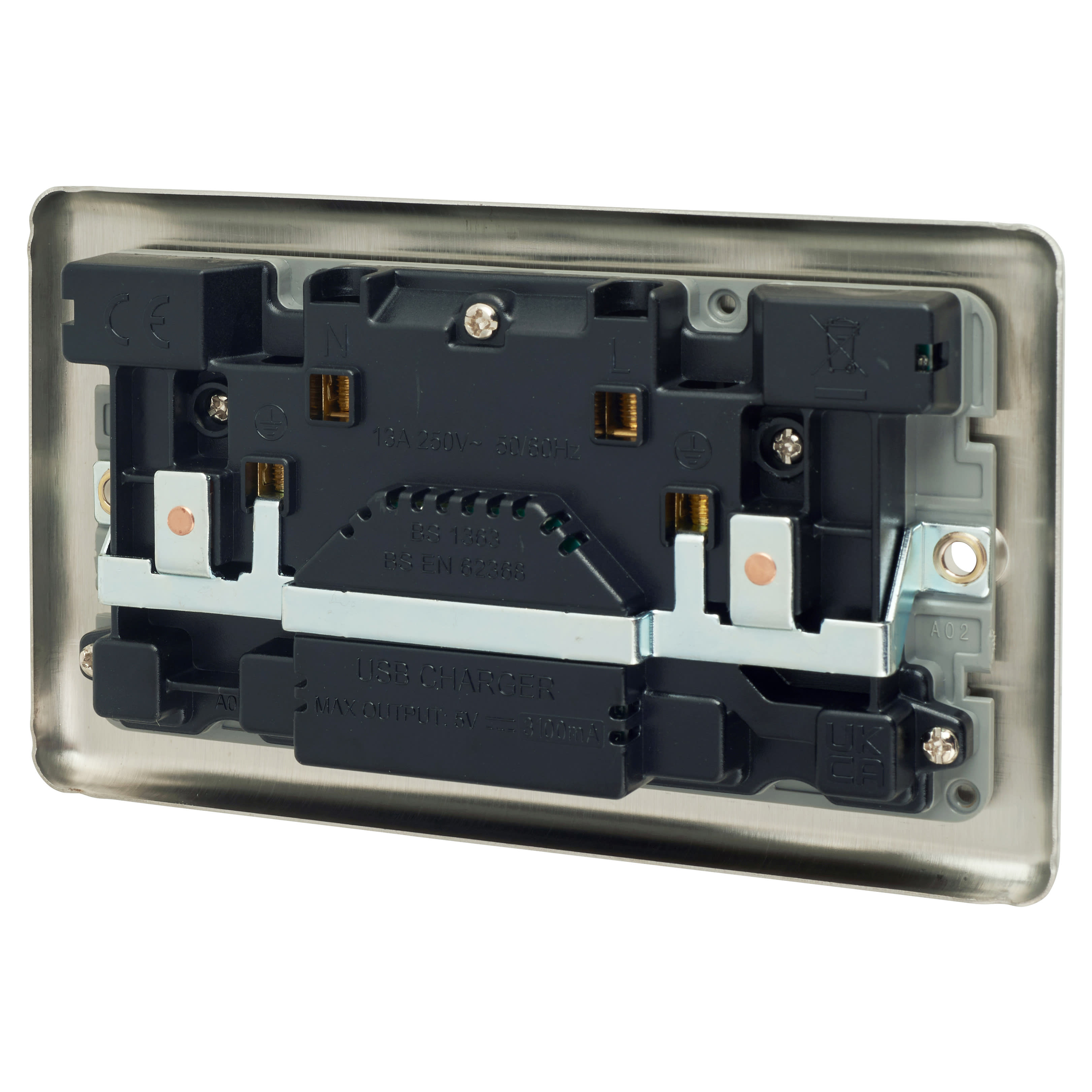 Enhance Decorative 13A 2 Gang USB Socket with 2 x USB - 3.1A - Satin Steel/Grey Insert - view 3