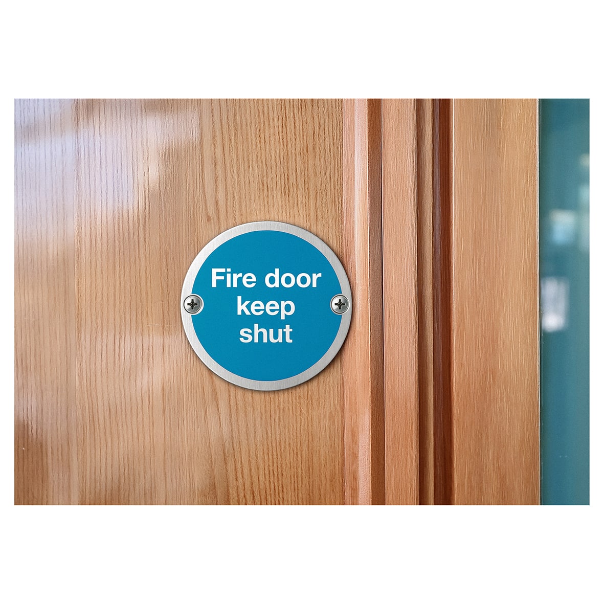 Light Blue Fire Door Keep Shut Door Sign - 75mm Diameter - Satin Stainless Steel - view 2