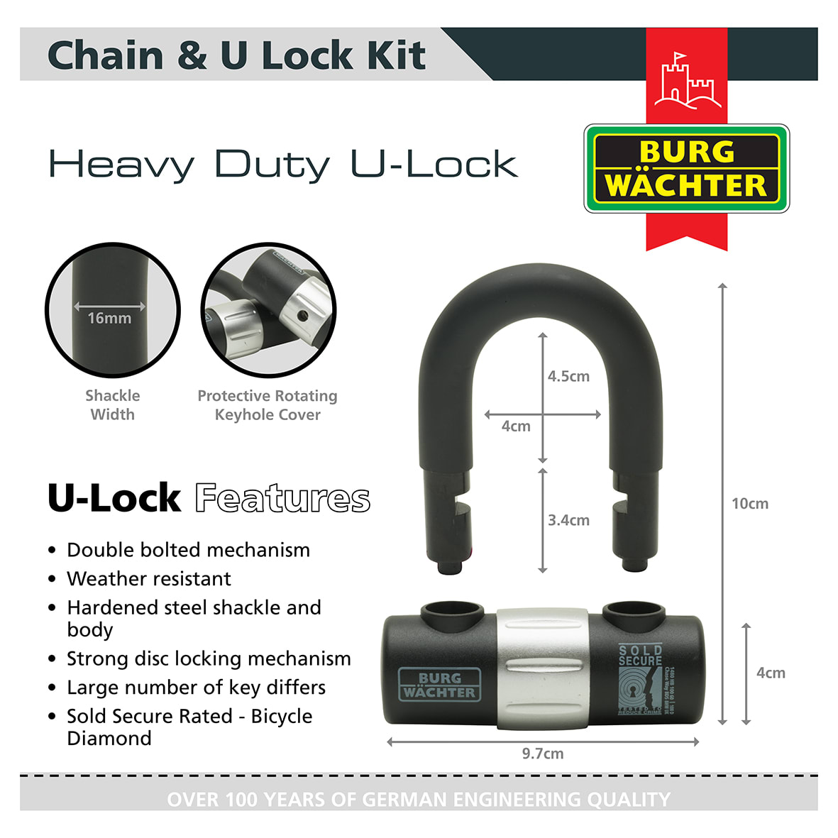 1.5m Chain & U-Lock/Padlock Security Kit - 108 x 55 x 53mm - Black - view 2