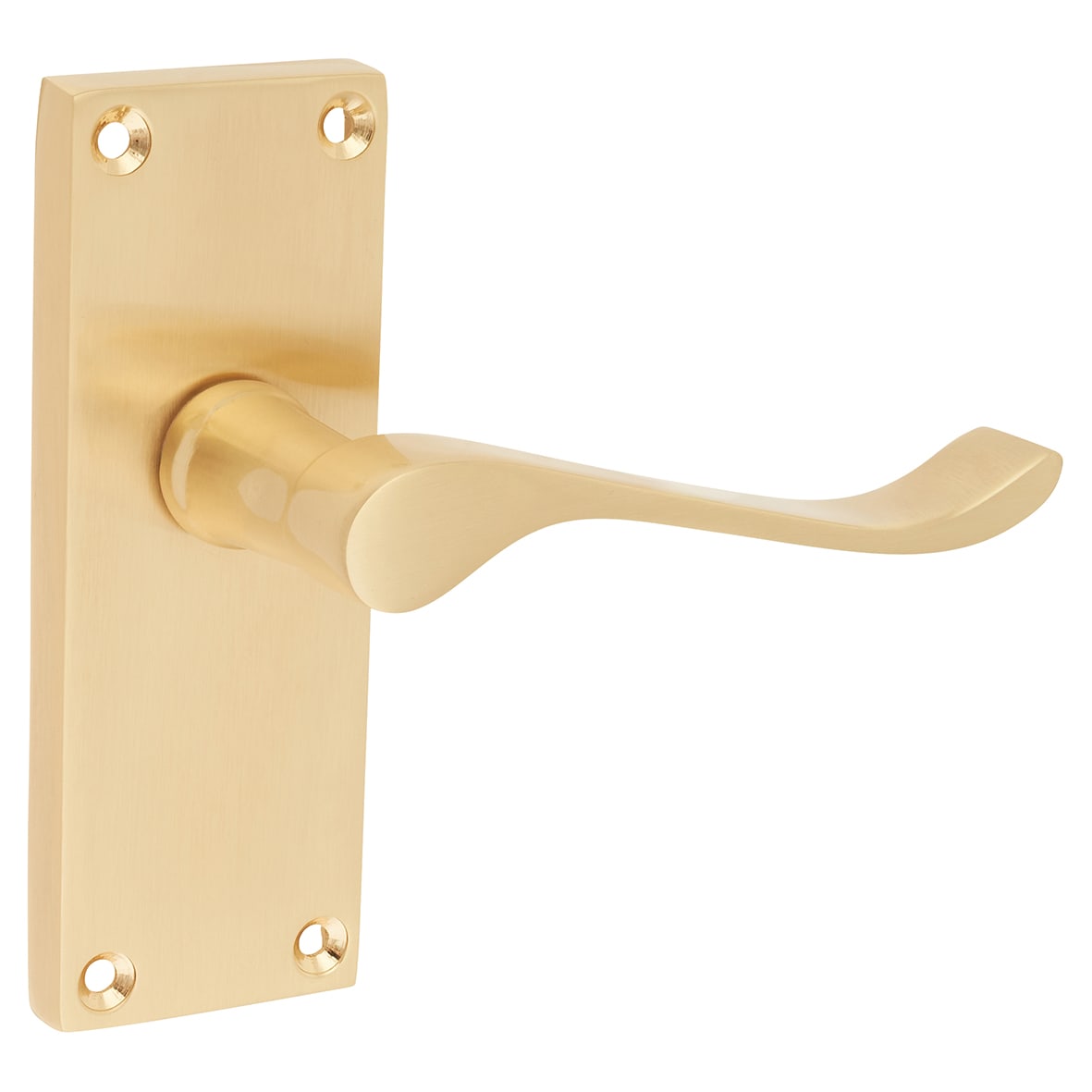 Satin Brass Budget Scroll Latch Door Handles - Short Plate - Mia Range - 114 x 42mm - view 2