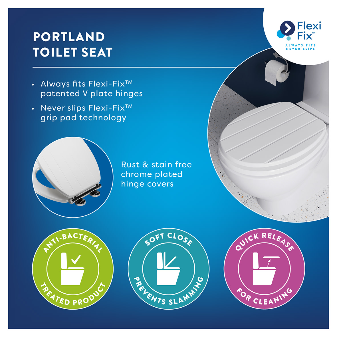 Portland Flexi-Fix Soft Close Wooden Toilet Seat - White - view 5