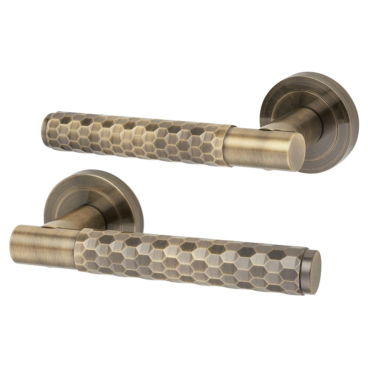 Antique Brass Honeycomb Latch Door Handles on Rose Pack - Cara Range - view 2