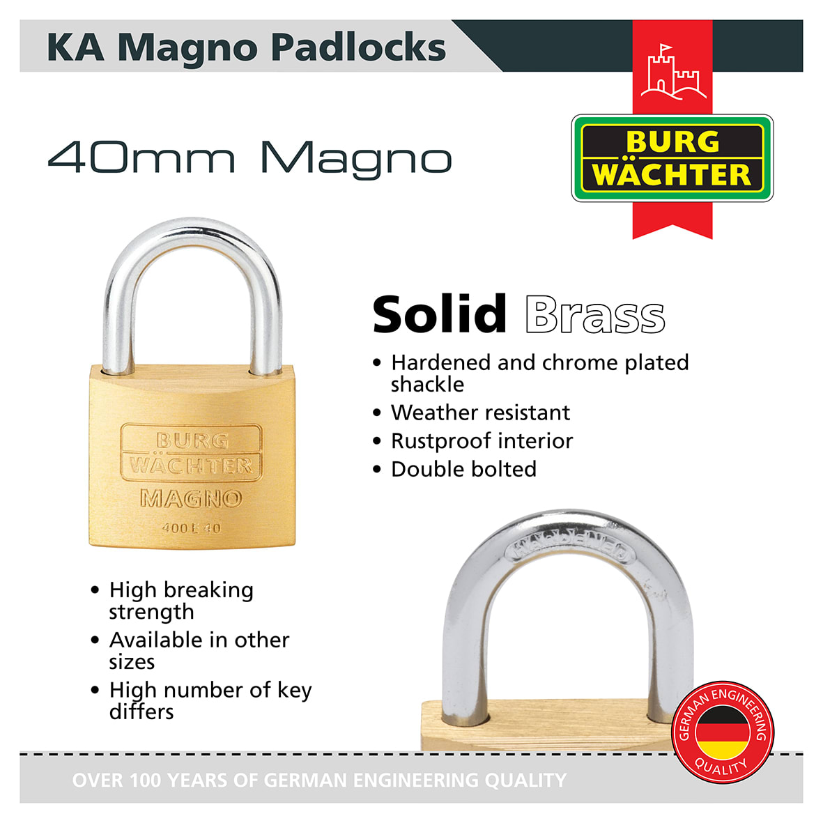 Brass Magno Padlock - 40mm Body - 22 x 23.5mm Shackle - Keyed Alike - Pack of 10 - view 2
