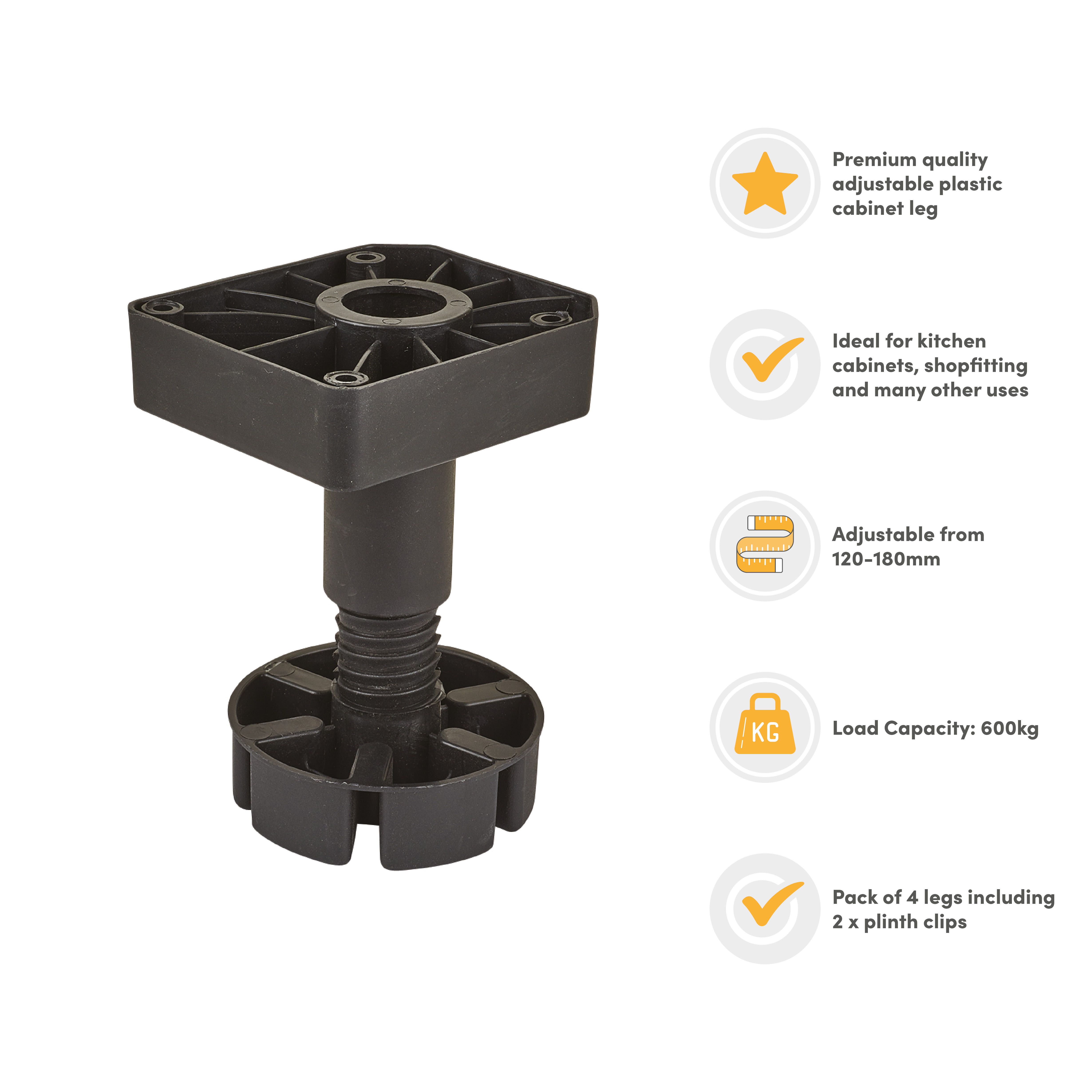 Square Adjustable Cabinet Furniture Plinth Legs - 120-180mm - Plastic - Pack of 4 - view 3