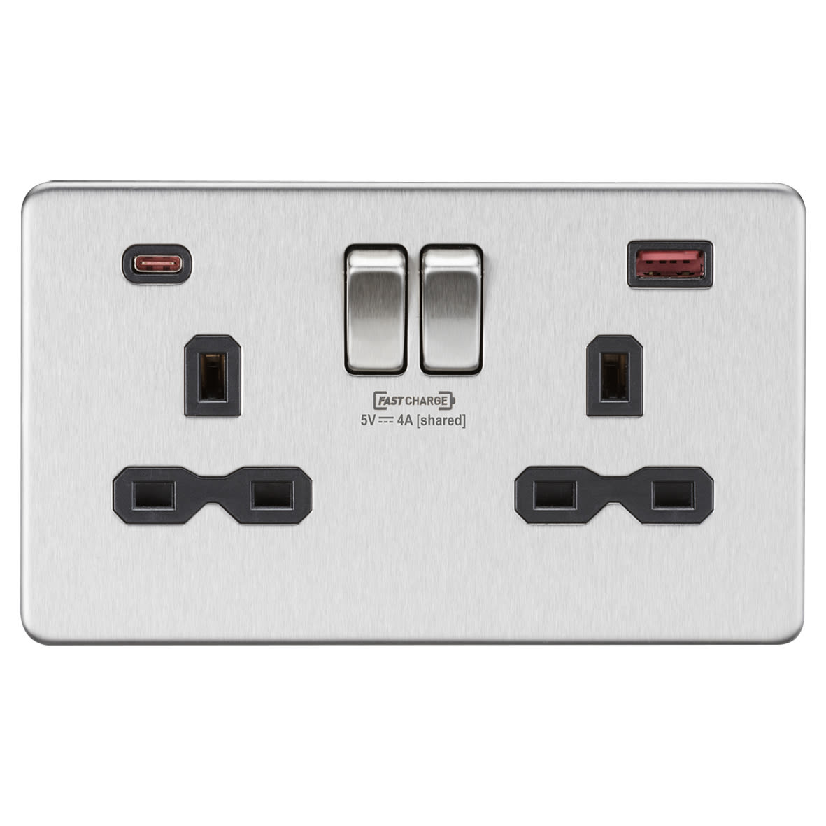 13A 2 Gang Type A/C Fastcharge USB Socket with 2 x USB - 4A - Brushed Chrome/Black - view 2