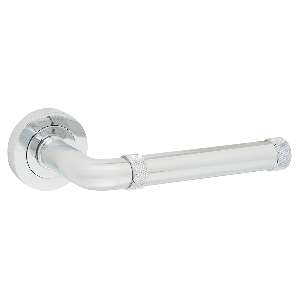 Polished Chrome Fire Rated Knurled Door Handles on Round Rose - Midtown Range - view 2