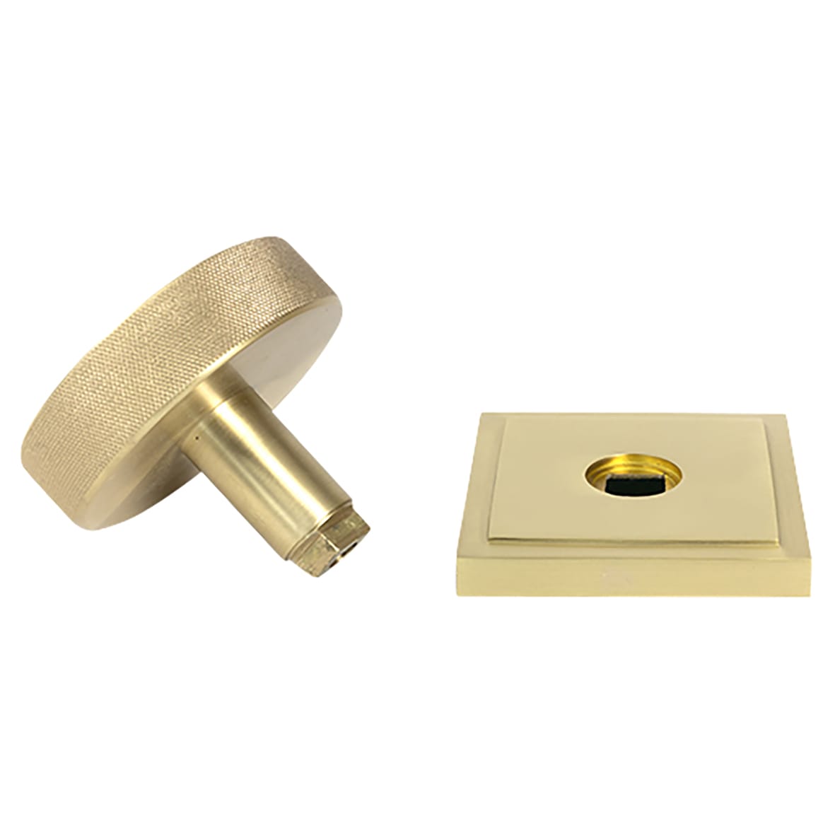 Brompton Satin Brass Round Knurled Centre Door Knob on Square Rose - 90 x 90mm Rose - view 2