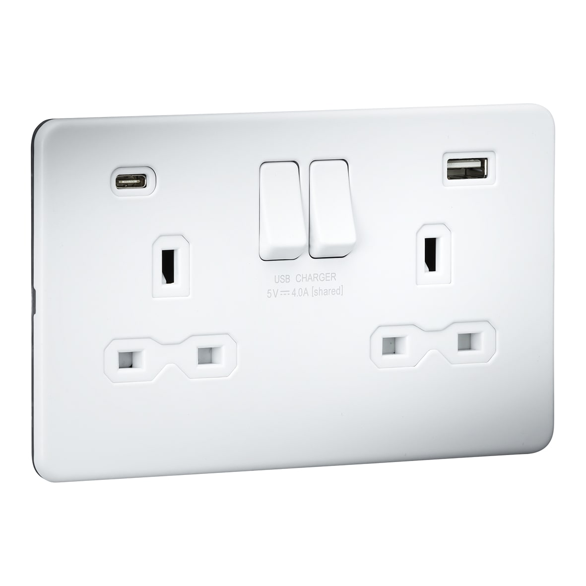 13A 2 Gang Screwless Type A/C USB Socket with 2 x USB - 4A - Matt White/White - view 2