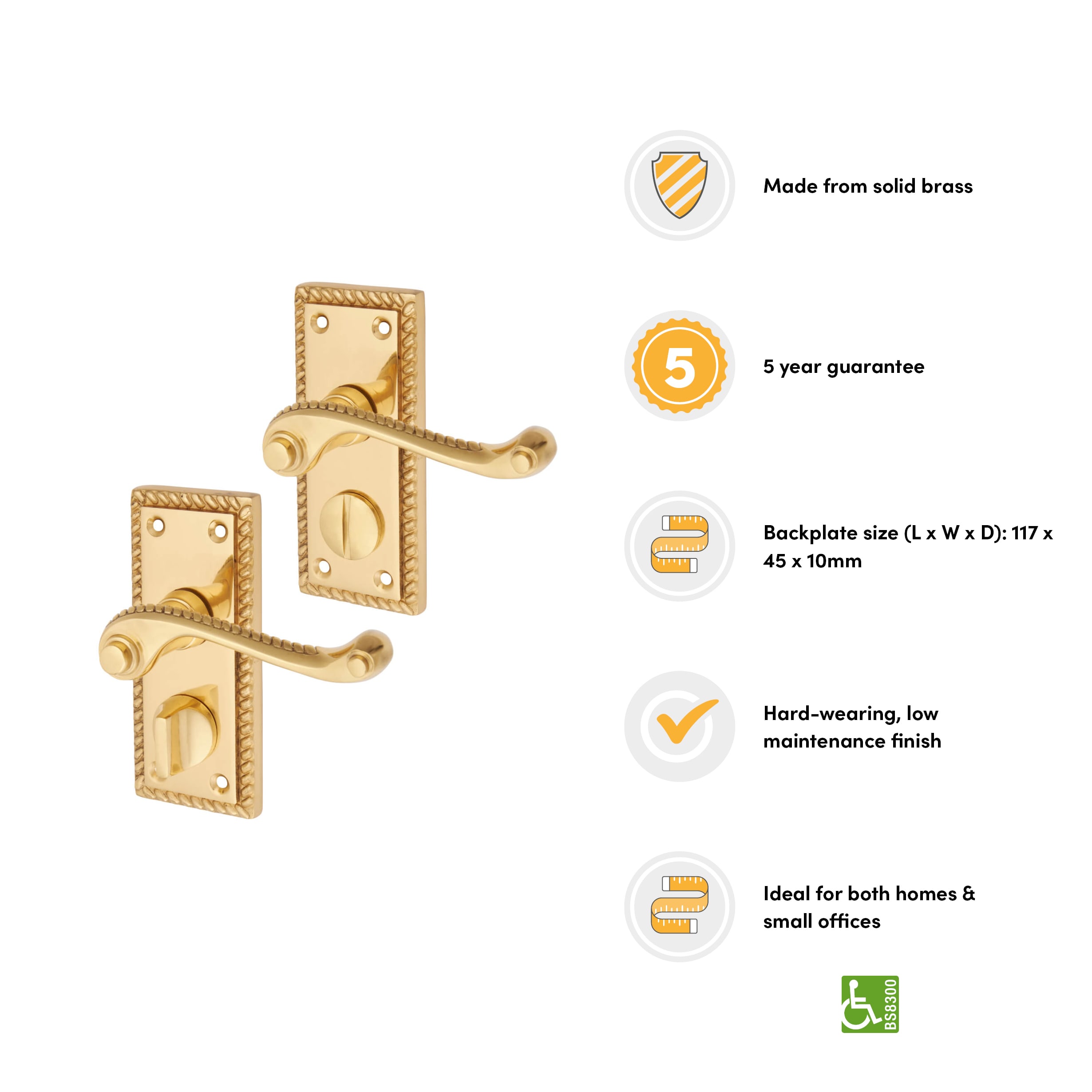 Polished Brass Georgian Scroll Privacy Door Handles - Short Plate - 117 x 45mm - view 3