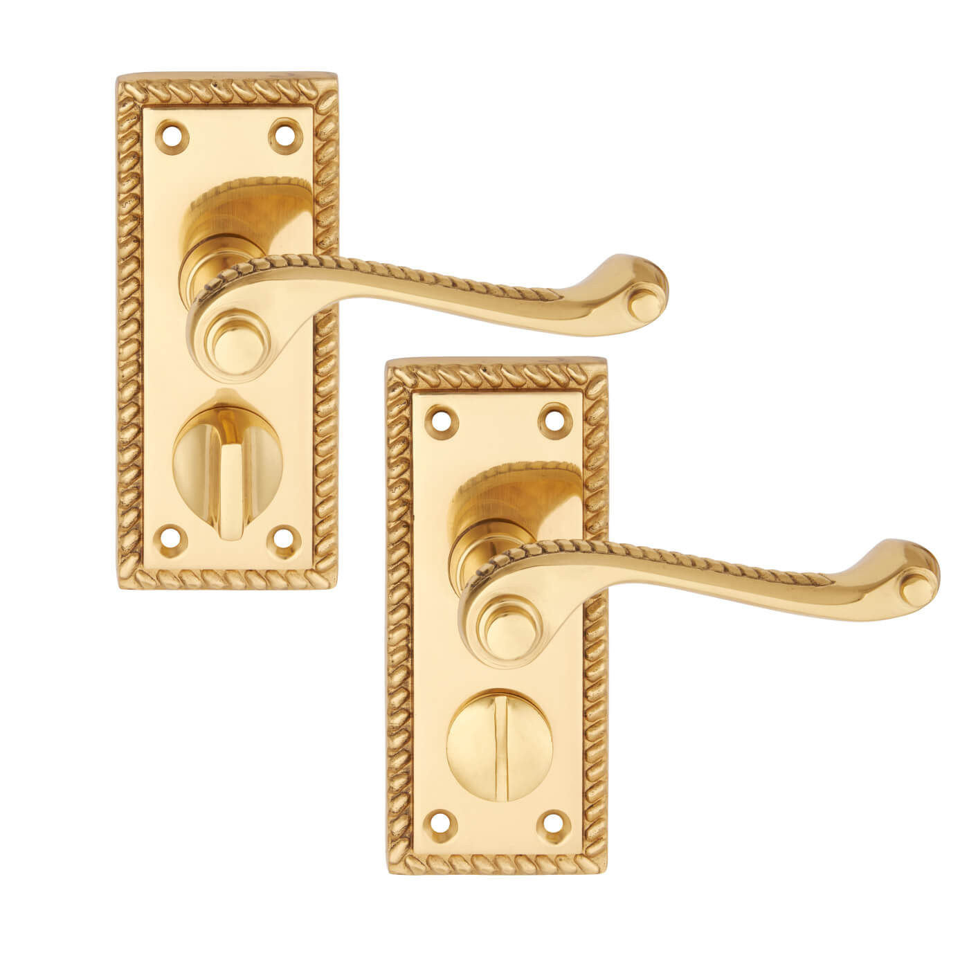 Polished Brass Georgian Scroll Privacy Door Handles - Short Plate - 117 x 45mm - view 4