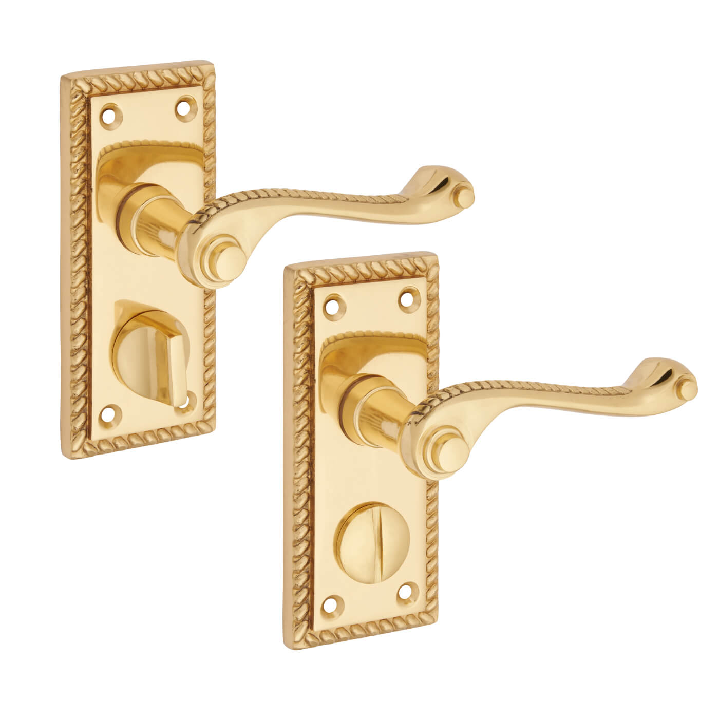 Polished Brass Georgian Scroll Privacy Door Handles - Short Plate - 117 x 45mm - view 5