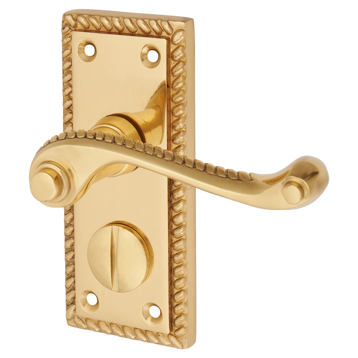 Polished Brass Georgian Scroll Privacy Door Handles - Short Plate - 117 x 45mm - view 6