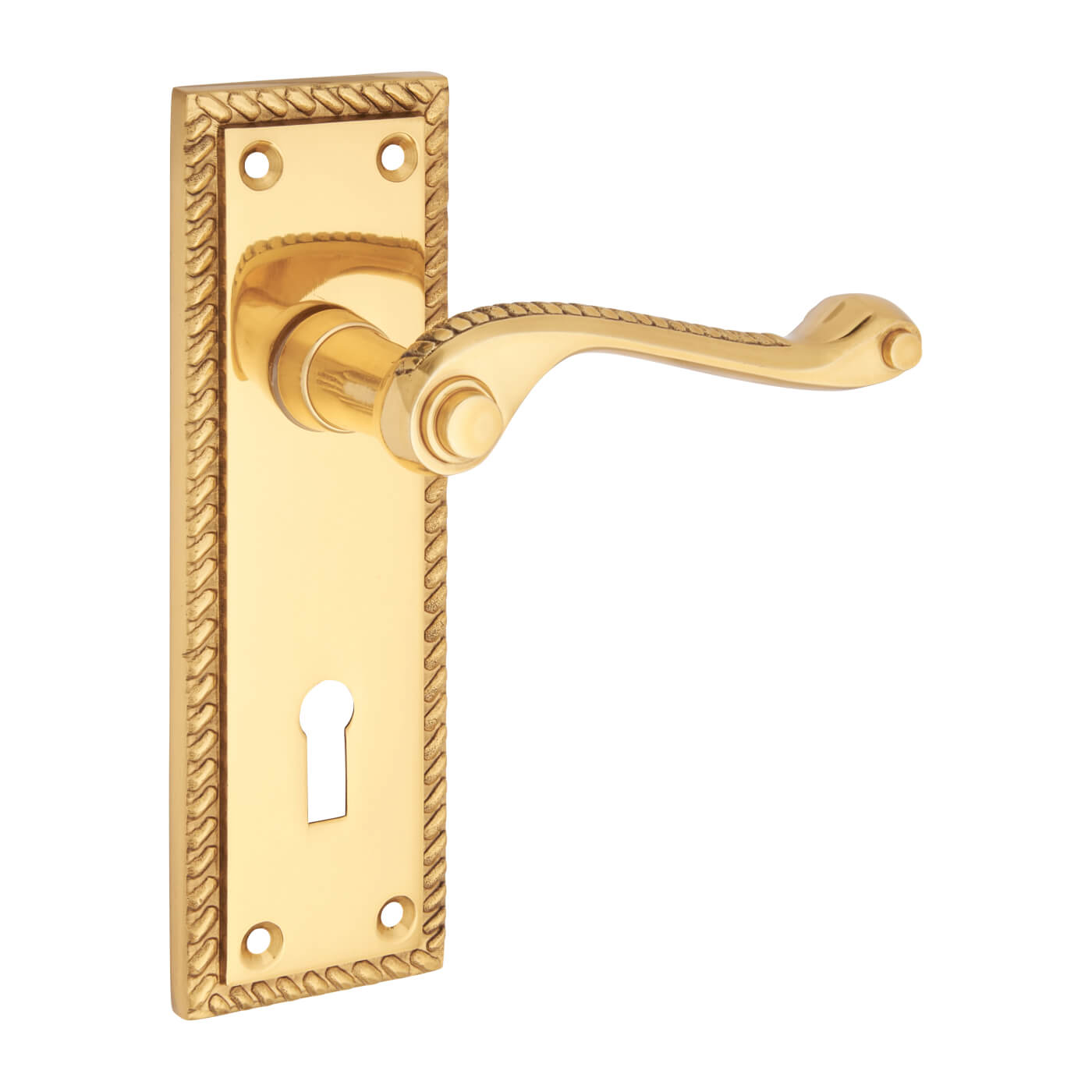 Polished Brass Georgian Scroll Keyhole Lock Door Handles - 150 x 48mm - view 4