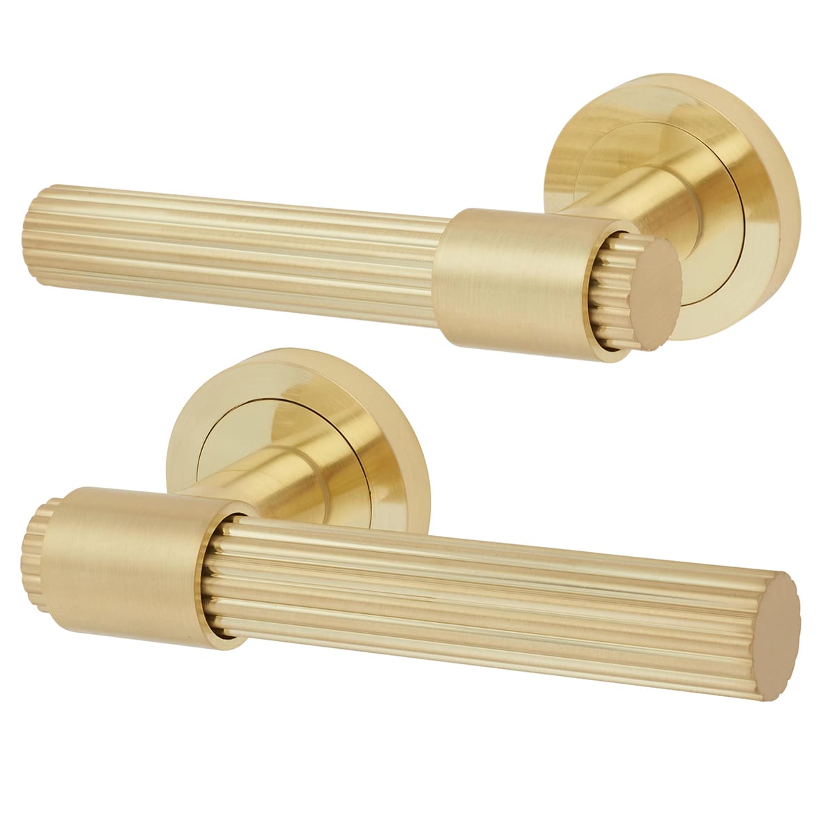 Satin Brass Lines 3 Lever Sashlock Door Handles on Rose Pack - Eva Range - view 2