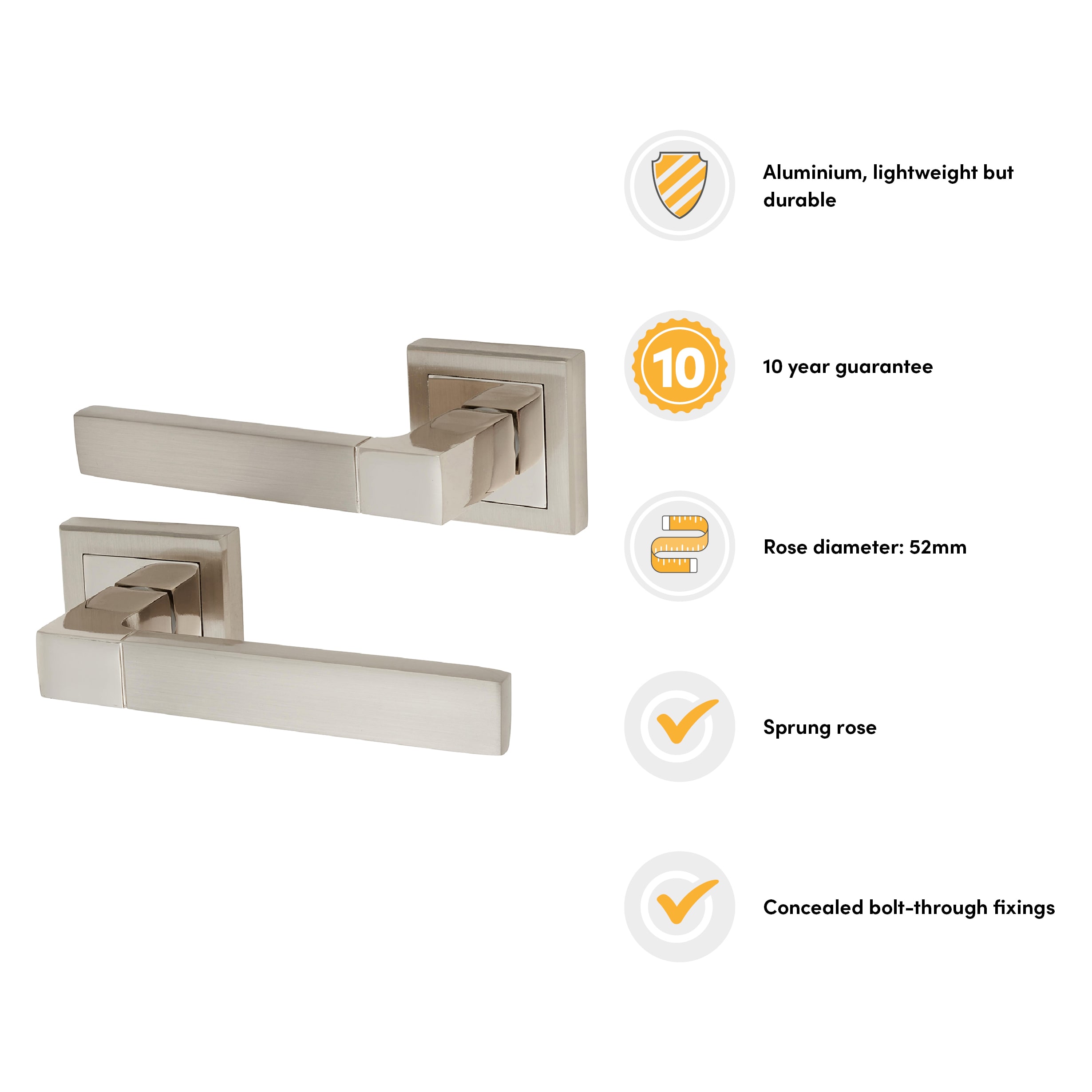 Polished/Satin Nickel Door Handles on Square Rose - Gama Range - view 2