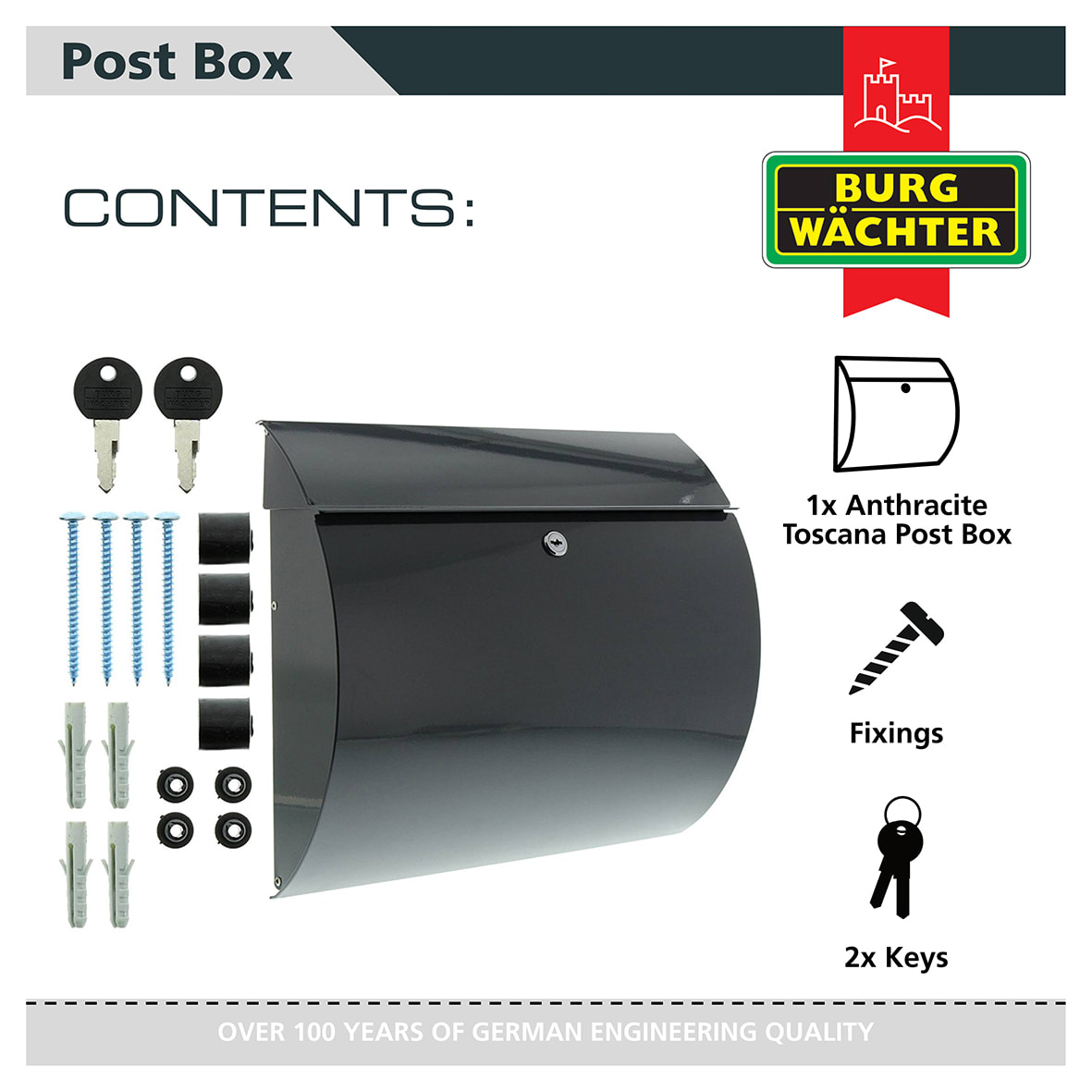 Toscana Postbox - 330 x 376 x 106mm - Anthracite Grey - view 7