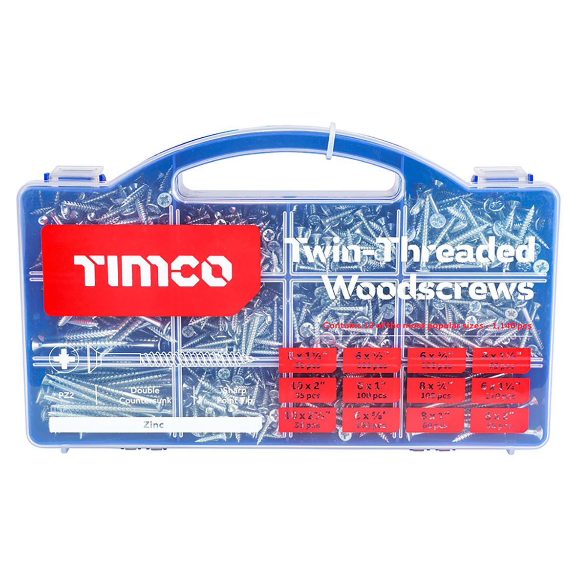 Assorted Pozi Countersunk Wood Screws Carry Case - Mixed Tray - Zinc Plated - Pack of 1140 - view 3