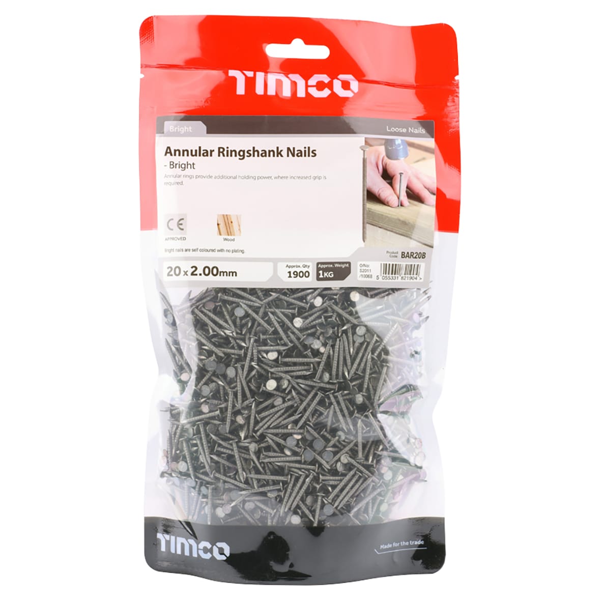Bright Annular Ringshank Nail - 2.0 x 20mm - 1kg Pack - view 2