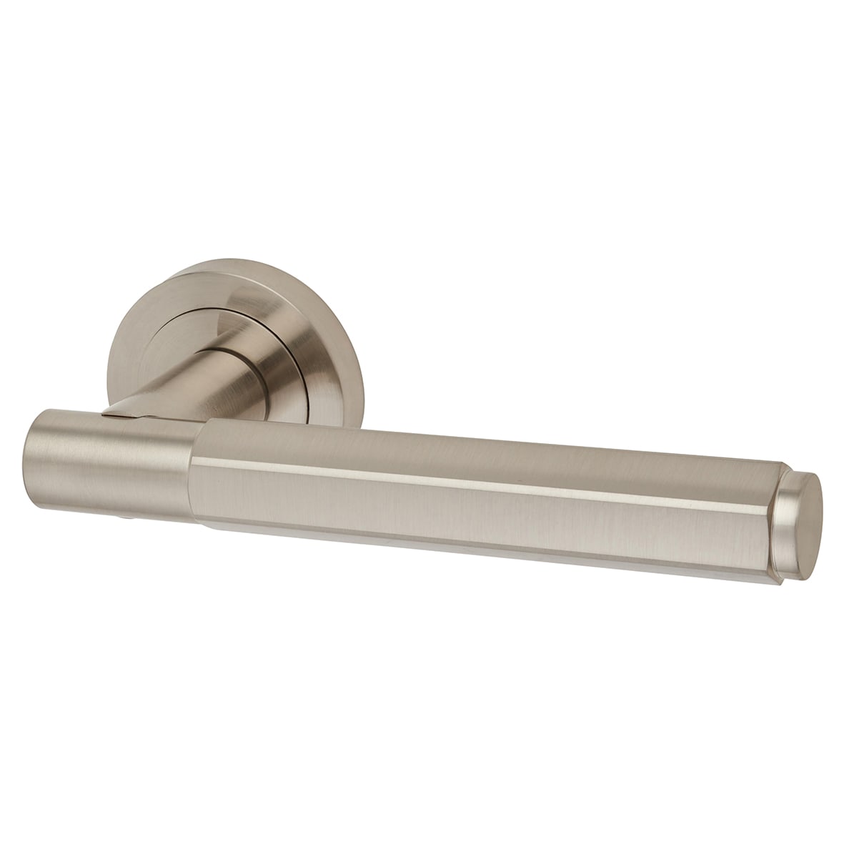 Satin Nickel Hexagonal Door Handles on Round Rose - Juno Range - view 2