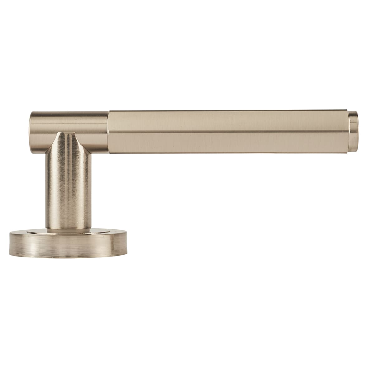 Satin Nickel Hexagonal Door Handles on Round Rose - Juno Range - view 5