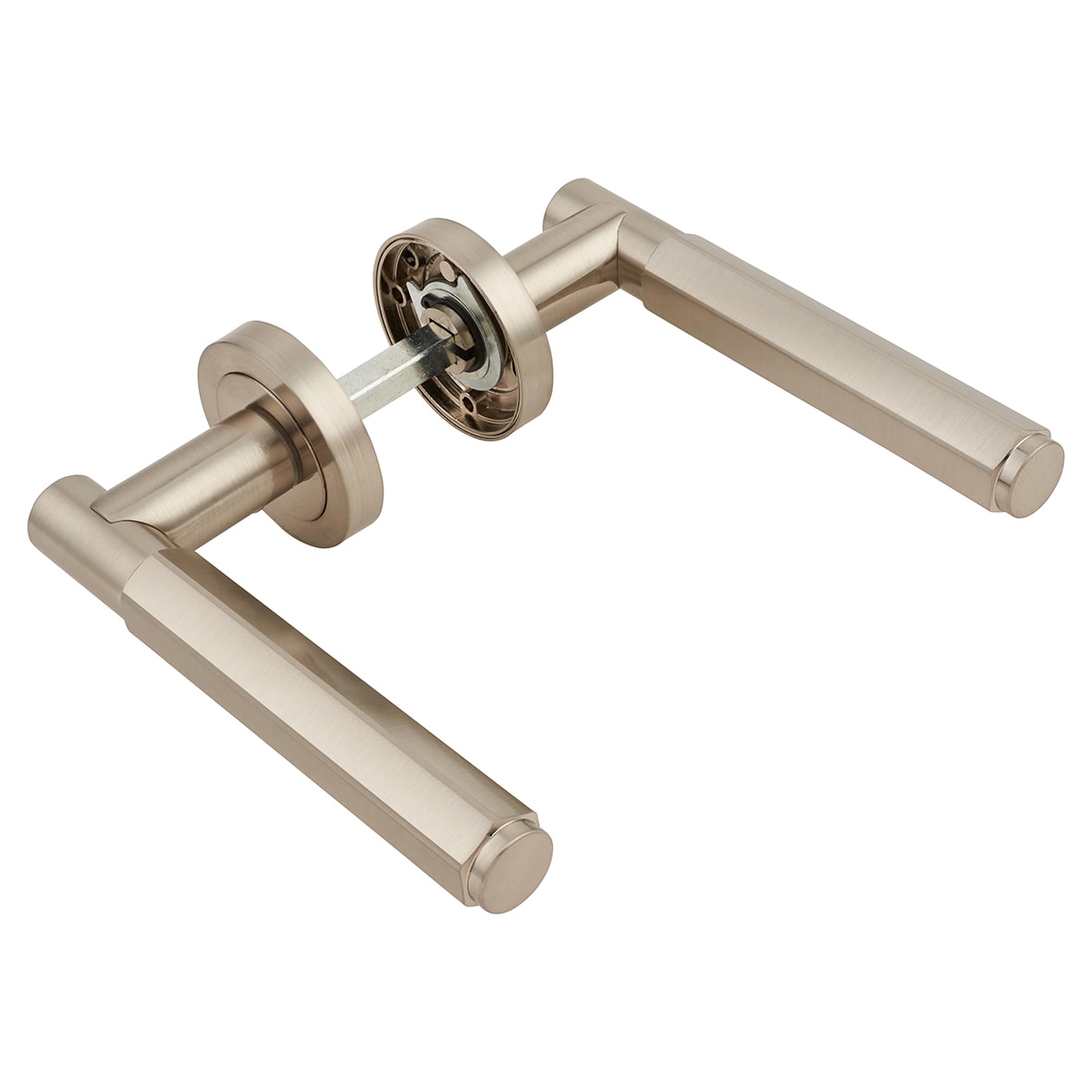 Satin Nickel Hexagonal Door Handles on Round Rose - Juno Range - view 6