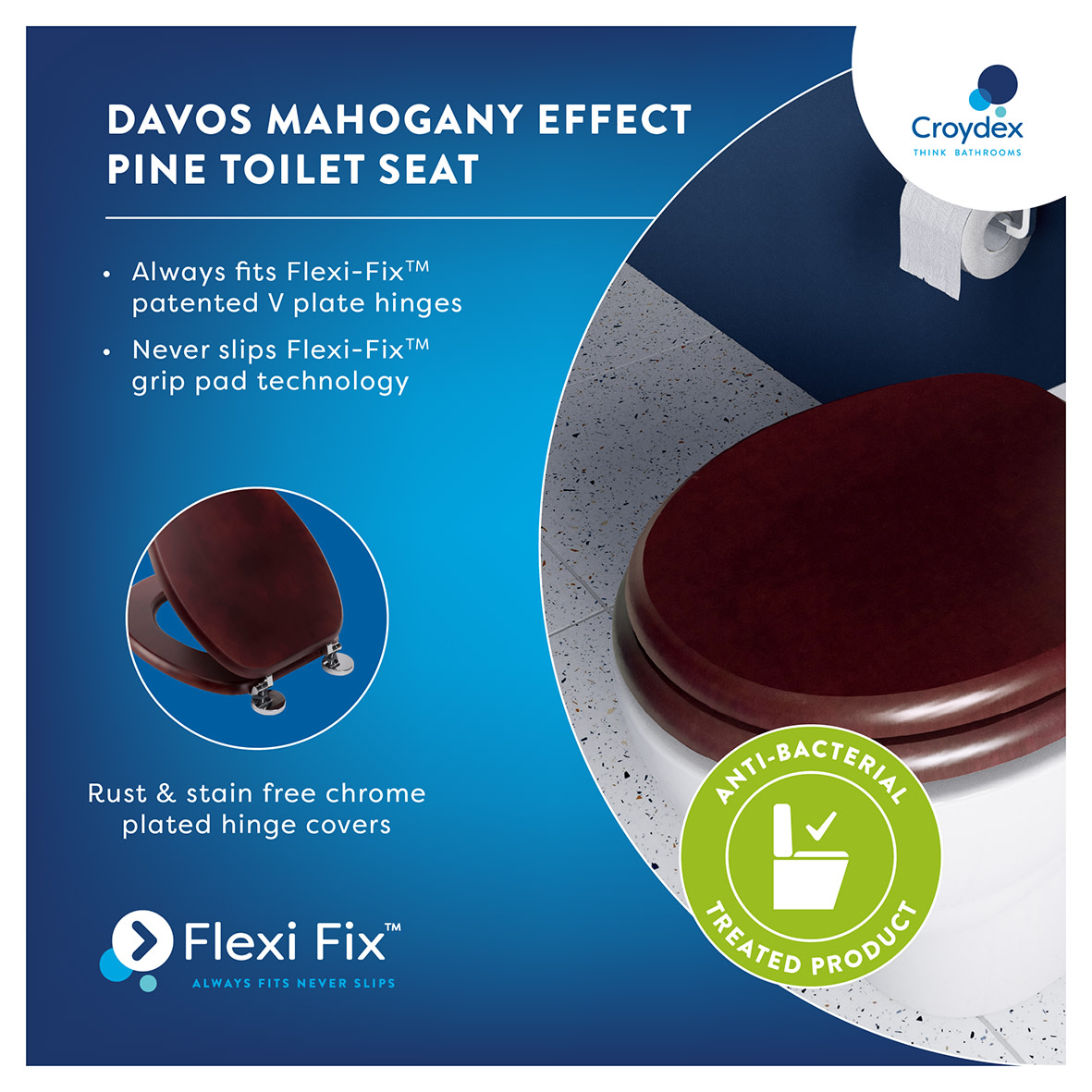 Davos Flexi-Fix Standard Close Wooden Toilet Seat - Mahogany - view 5