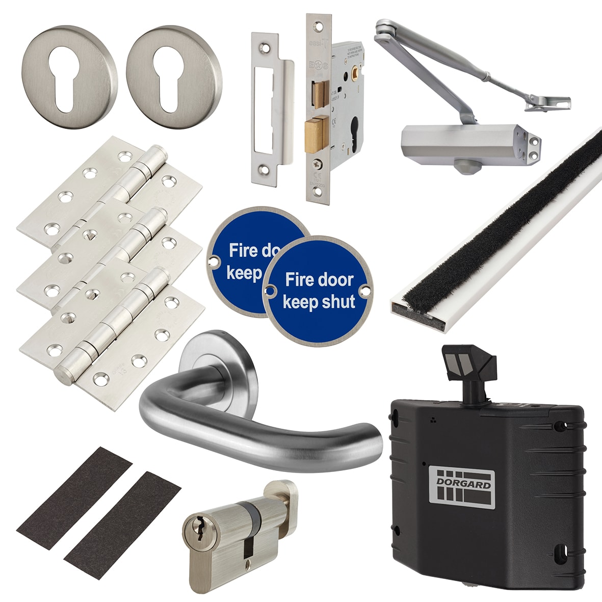 Light Duty Euro Lock Door Handle on Rose Fire Door Kit & Dorgard Holder - Power Size 3 - Silver - view 2