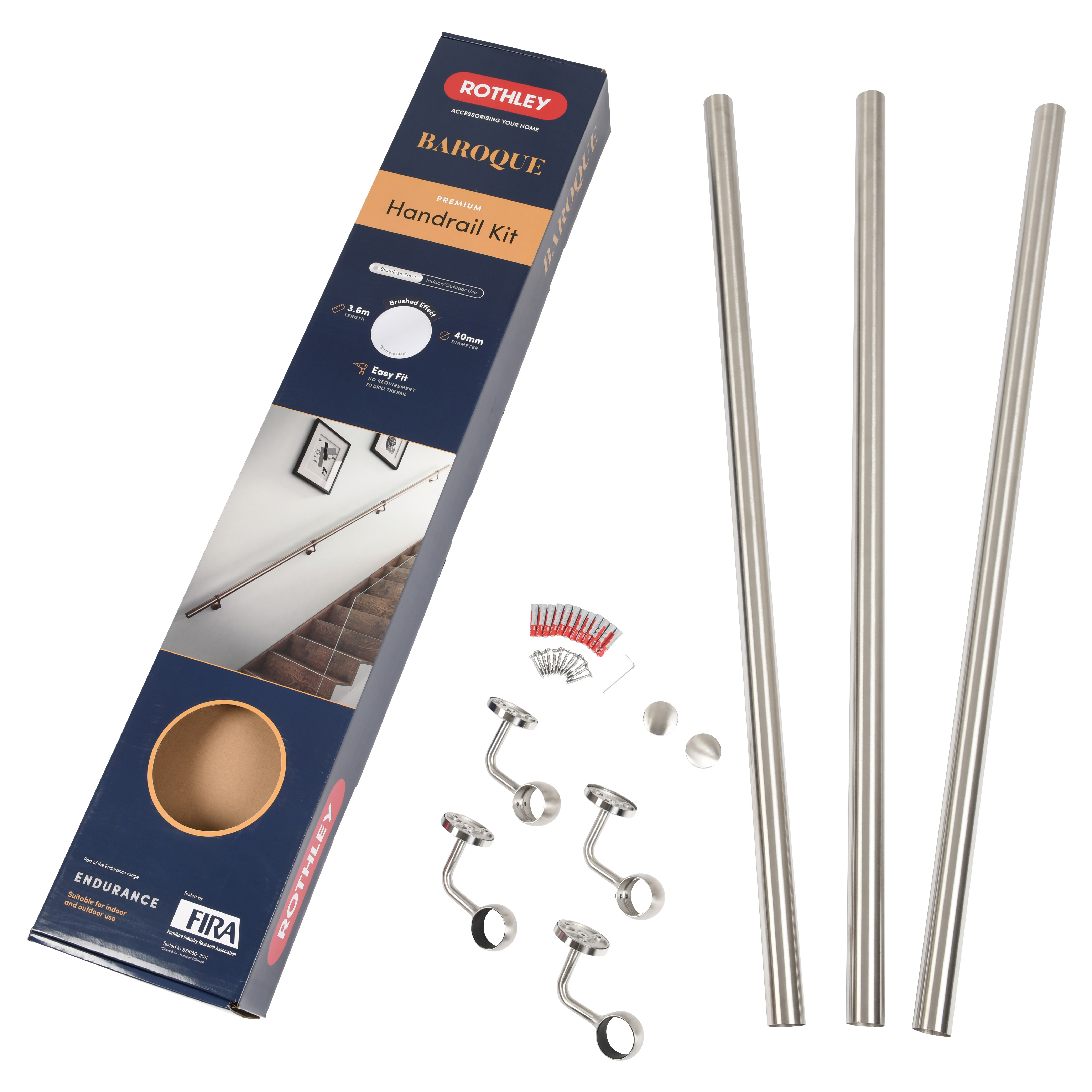 40mm Handrail Banister Staircase Rail Support Kit - 3600mm Length - 304 Brushed Stainless - view 4