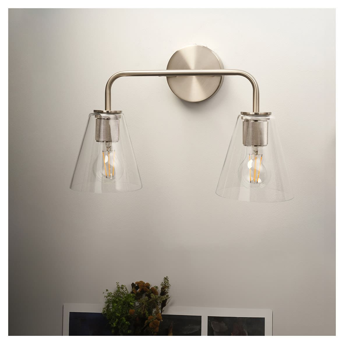Sabana Knurled 2 Light Indoor Wall Light - Satin Nickel Fittings & Hooded Clear Glass Shades - view 2