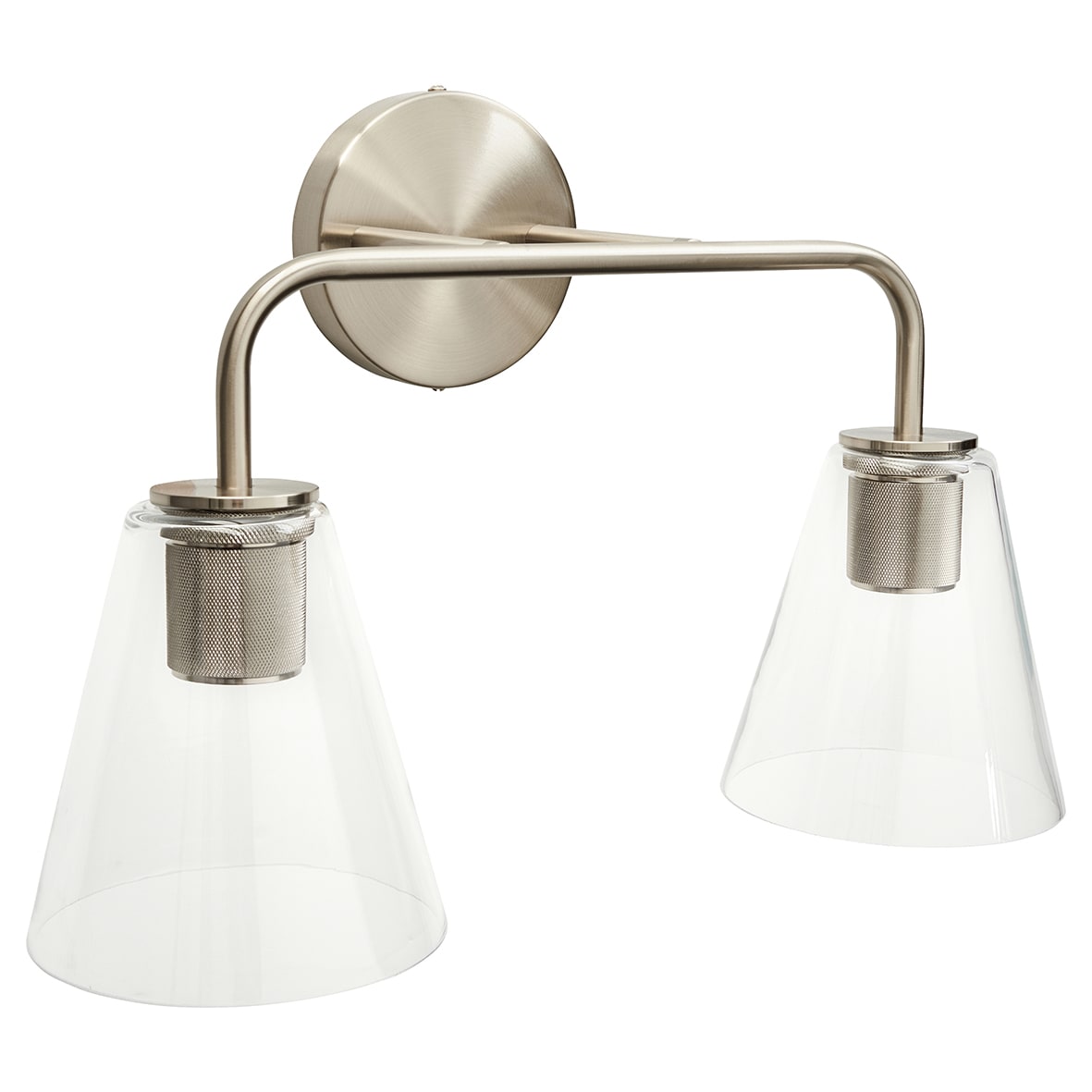 Sabana Knurled 2 Light Indoor Wall Light - Satin Nickel Fittings & Hooded Clear Glass Shades - view 3