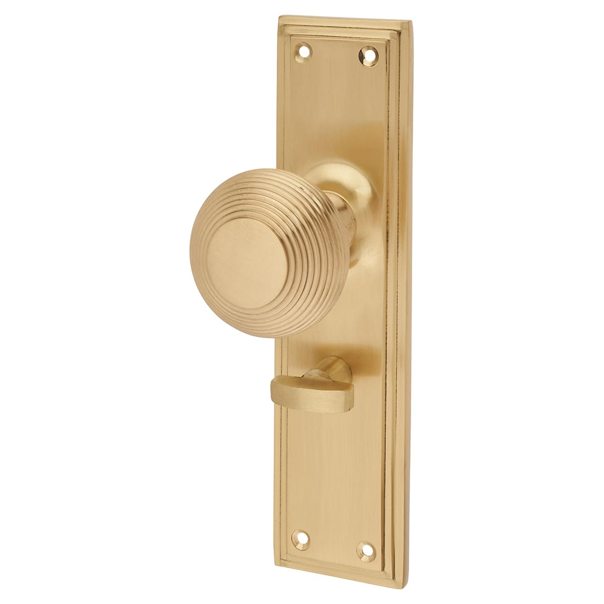 Satin Brass Reeded Bathroom Mortice Door Knob on Backplate - 205 x 52mm - Miller Range - view 2