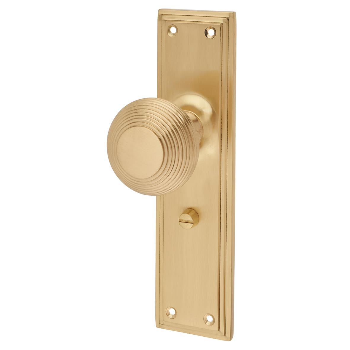 Satin Brass Reeded Bathroom Mortice Door Knob on Backplate - 205 x 52mm - Miller Range - view 3