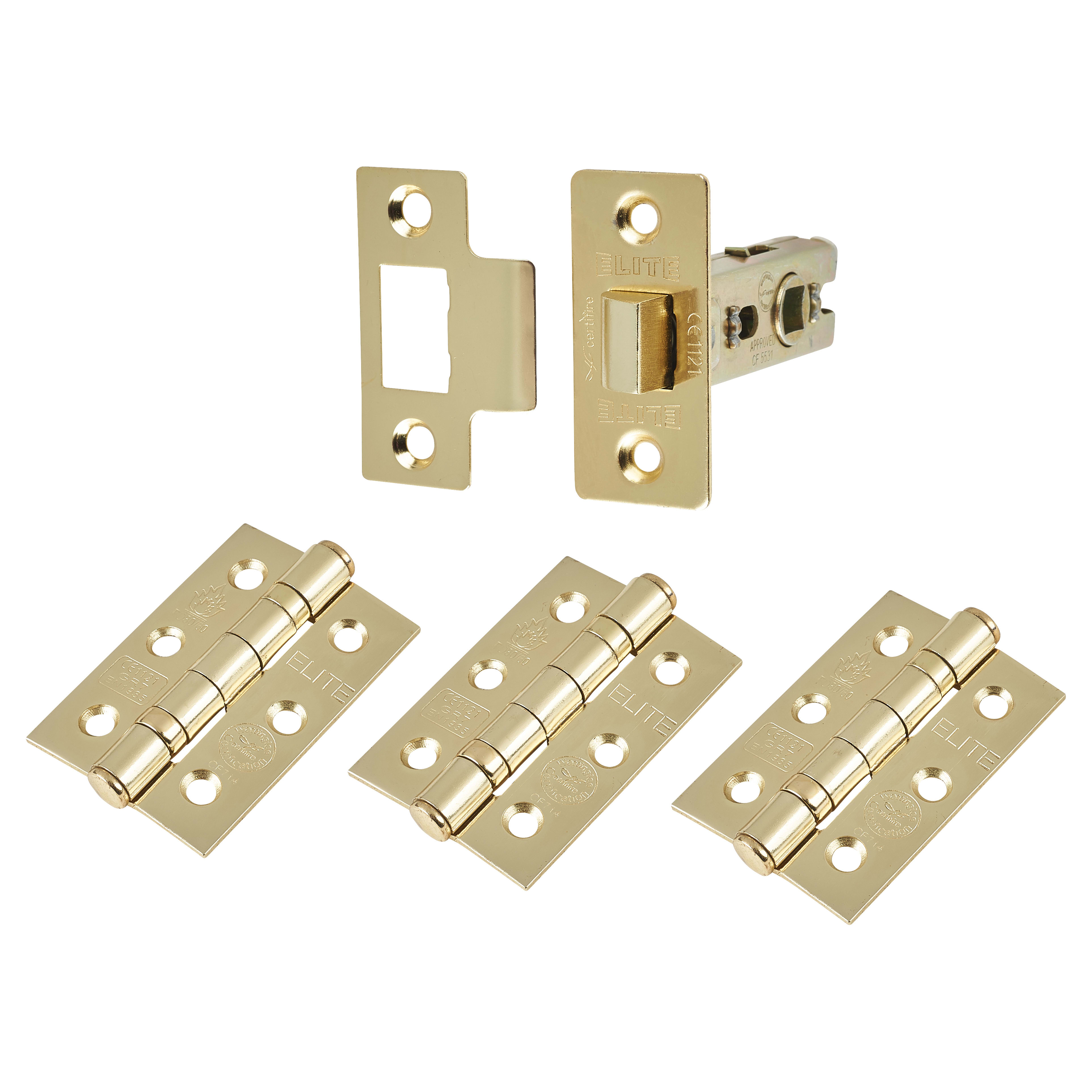 Tubular Latch Pack - 57mm Backset - 3 x Fire Rated Ball Bearing Hinges - Polished Brass - view 2