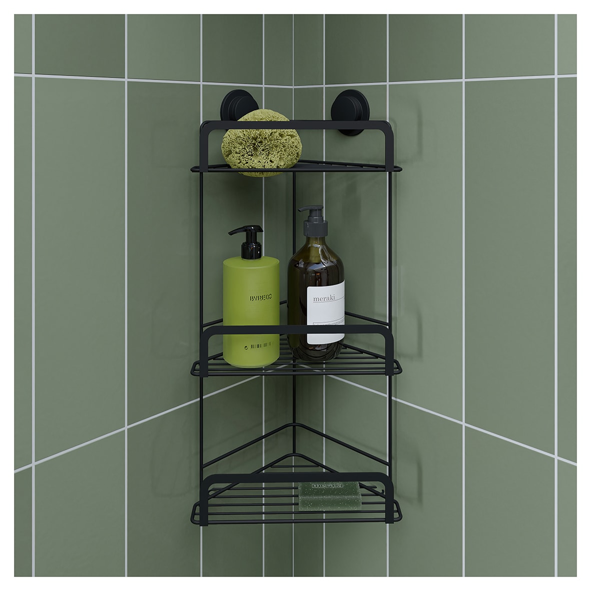 Stick 'N' Lock Corner Shower Basket - Three Tier - 536 x 260 x 166mm - Matt Black - view 5
