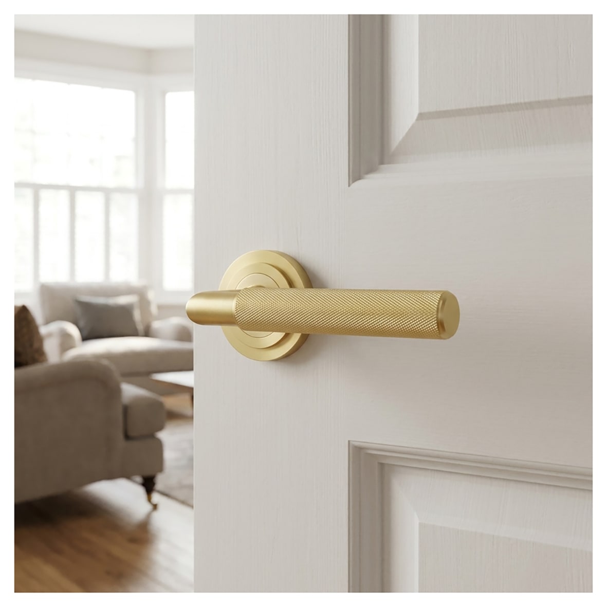 Satin Brass Knurled Fire Rated Door Handles on Round Stepped Rose - Piccadilly Range - view 2