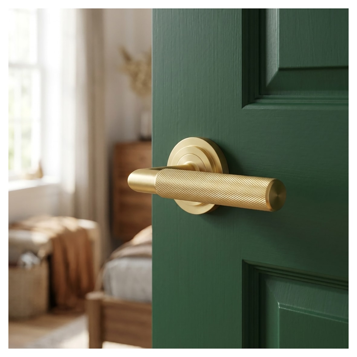 Satin Brass Knurled Fire Rated Door Handles on Round Stepped Rose - Piccadilly Range - view 3