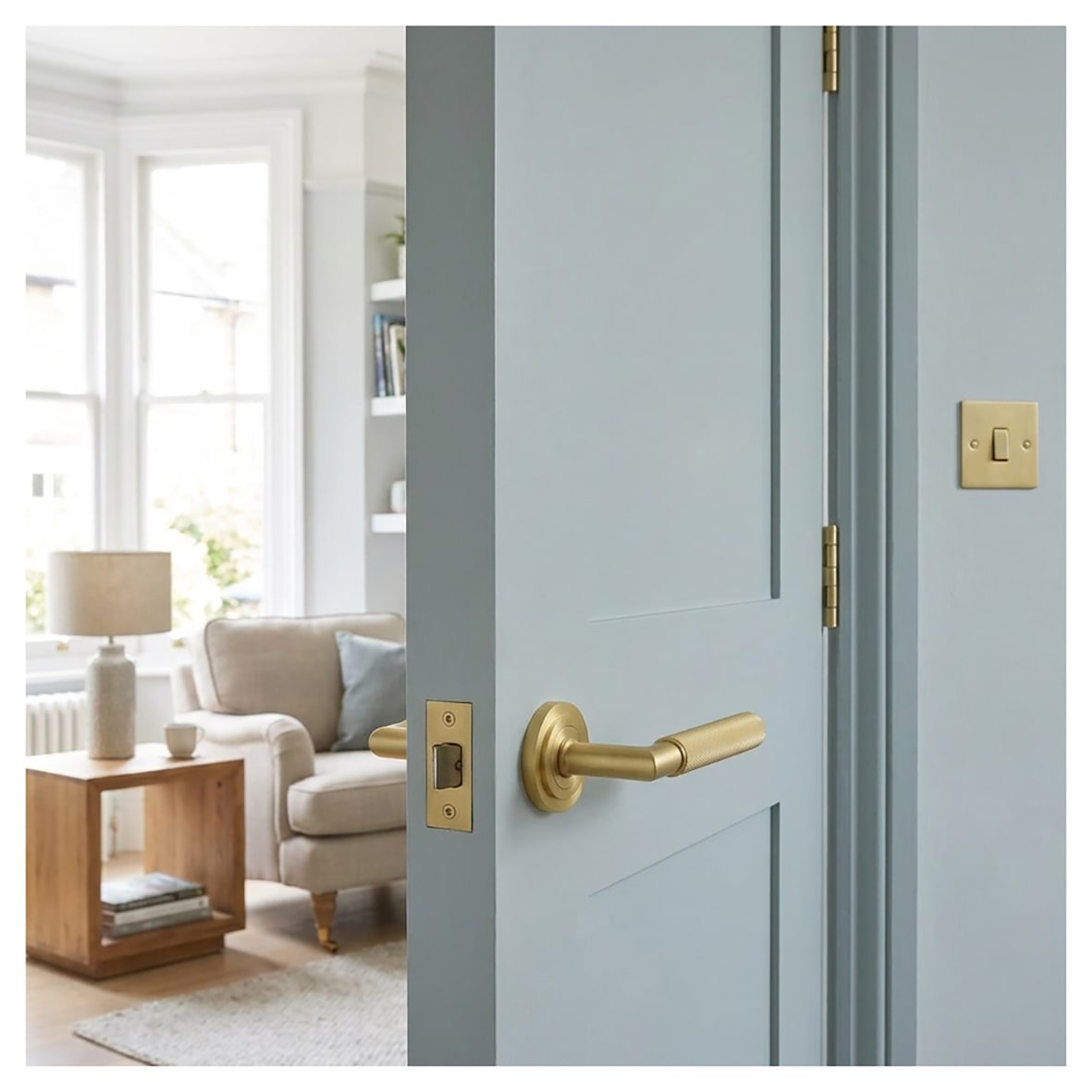 Satin Brass Knurled Fire Rated Door Handles on Round Stepped Rose - Piccadilly Range - view 4