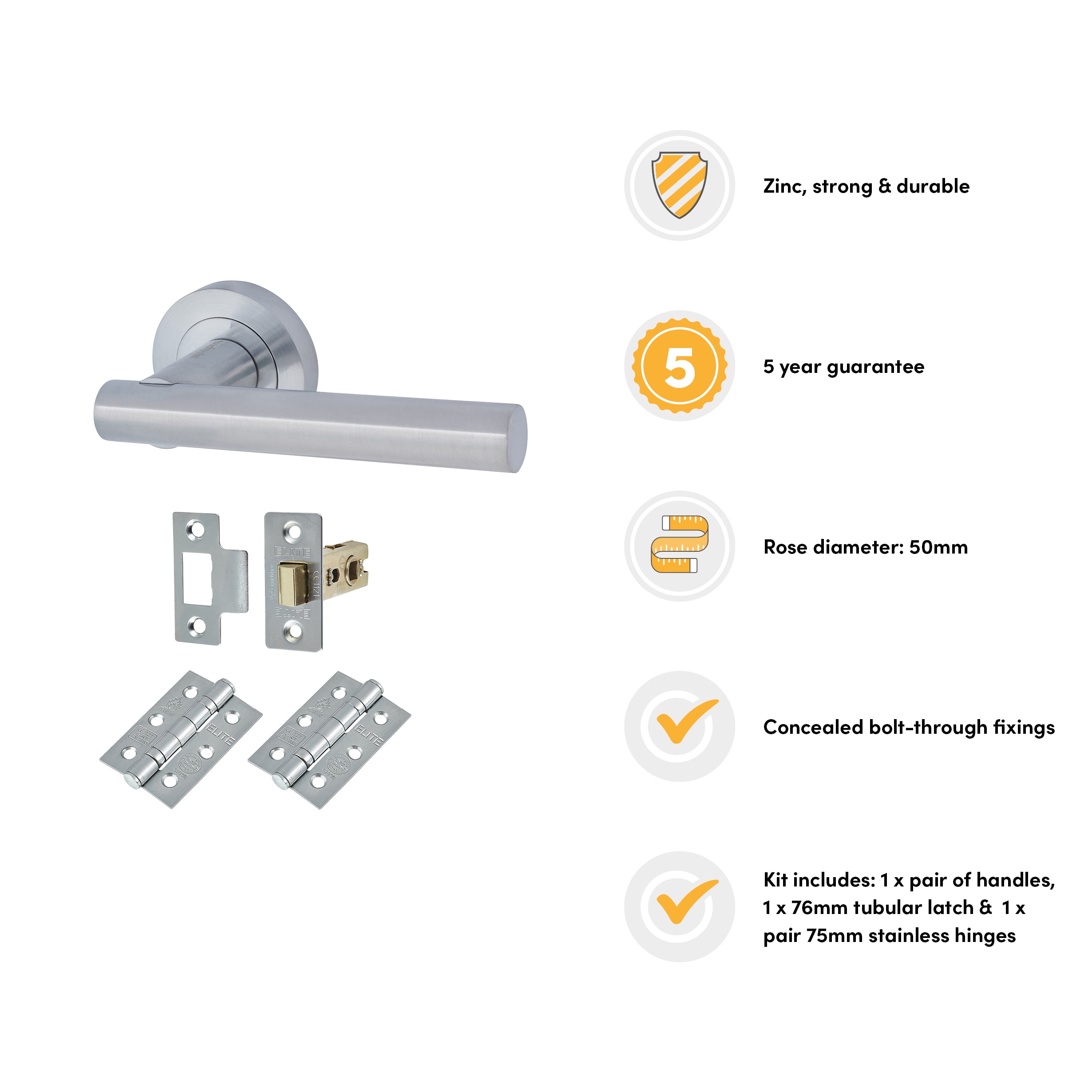 Satin Chrome Latch Door Handles on Rose Pack - Bella Range - view 3