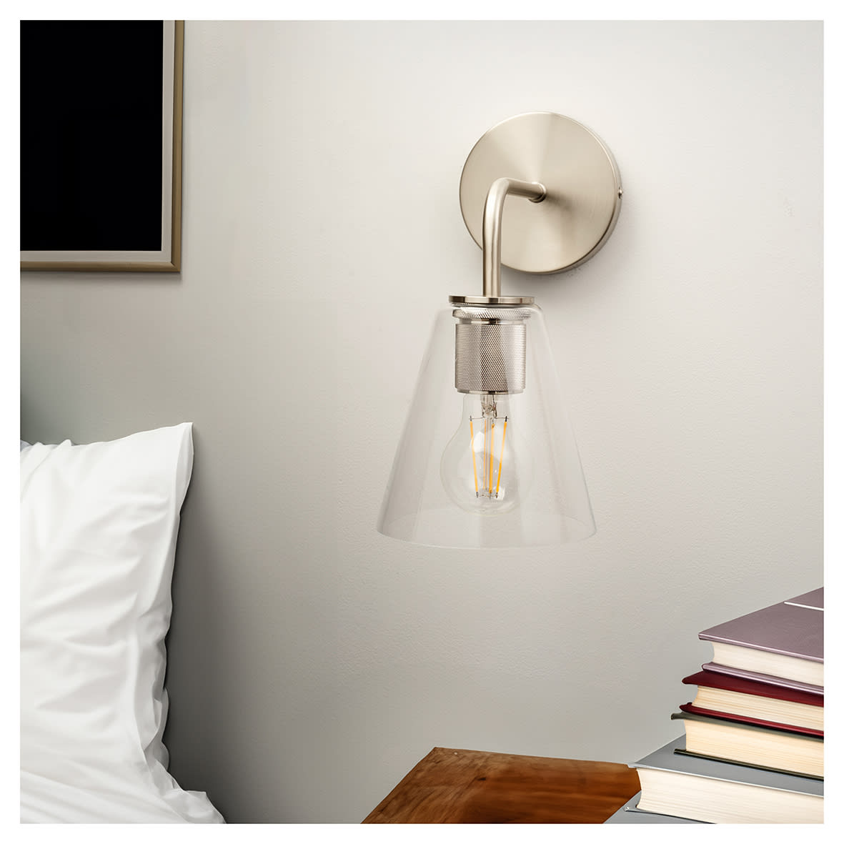 Noord Knurled Indoor Wall Light - Satin Nickel Fittings and Hooded Clear Glass Shade - view 2