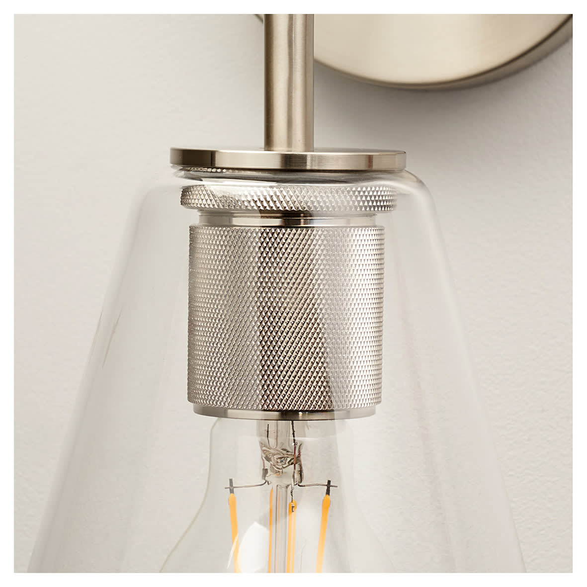 Noord Knurled Indoor Wall Light - Satin Nickel Fittings and Hooded Clear Glass Shade - view 4