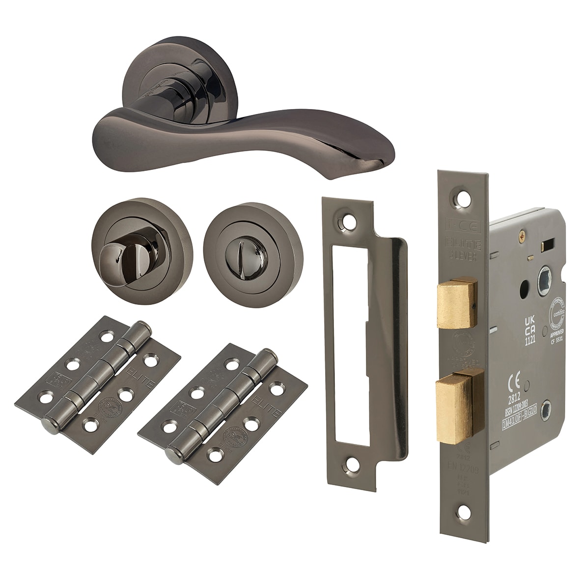 Black Nickel Scroll Bathroom Lock Door Handles on Rose Pack - Scarlett Range - view 2